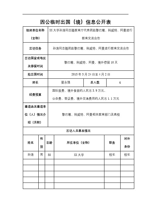 因公临时出国(境)信息公开表【模板】