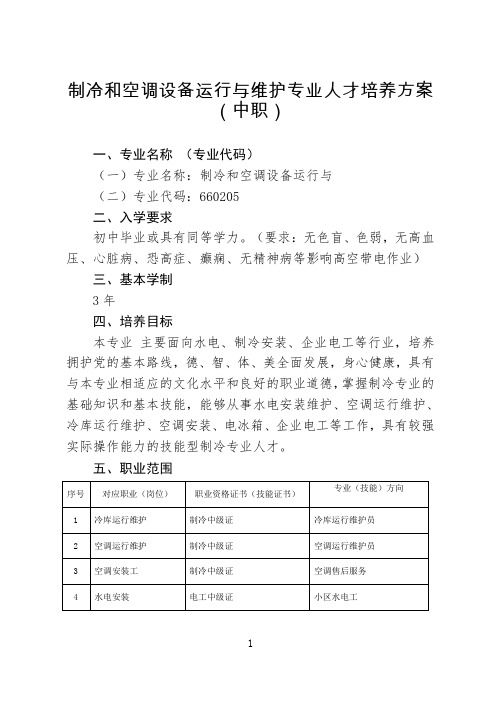 2021级制冷和空调设备运行与维护专业专业人才培养方案(中职)