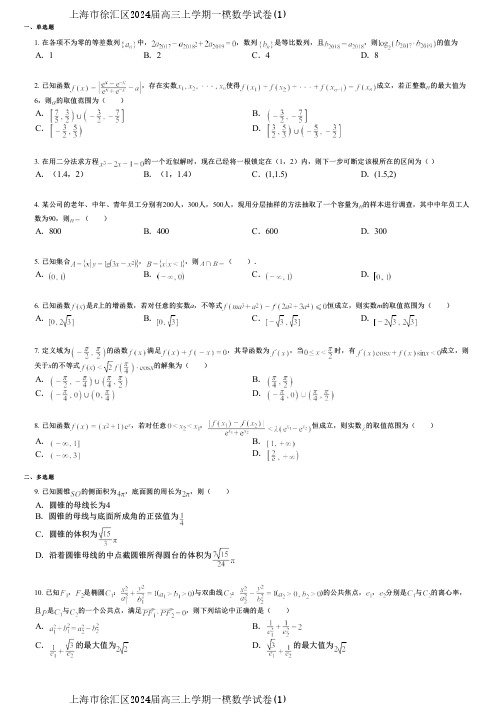 上海市徐汇区2024届高三上学期一模数学试卷(1)