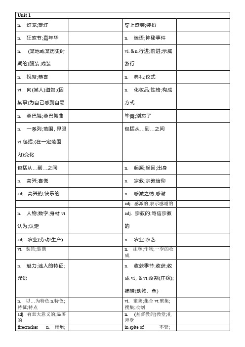 人教版新课标高中英语必修第三册单词表汉译英 表