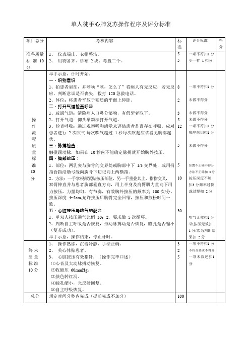 单人徒手心肺复苏操作流程及评分标准(可编辑修改word版)