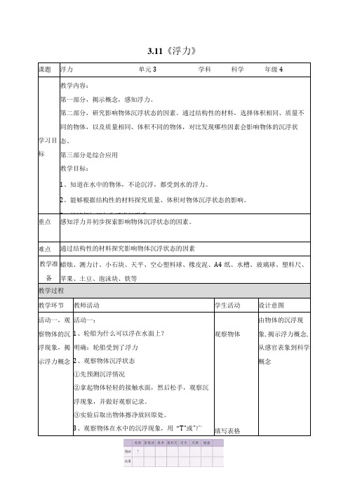 科学苏教版四年级上册11《浮力》教学设计