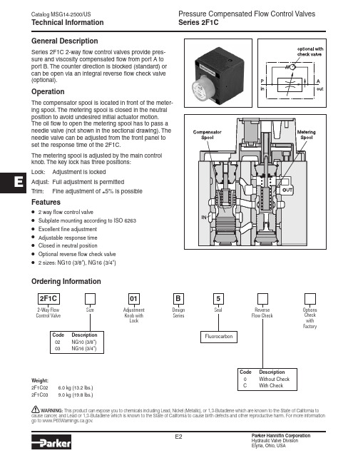 Parker Hannifin Corporation 2F1C 两路流量控制阀门产品说明说明书