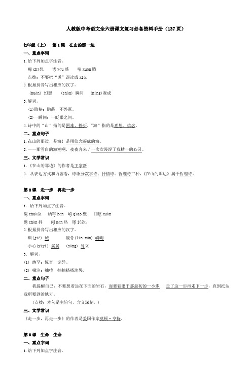 人教版中考语文全六册课文复习必备资料手册(DOC)