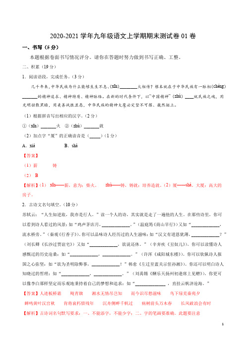 2020-2021学年九年级语文上学期期末测试卷01卷(浙江宁波)(解析版)