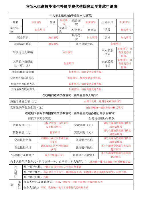 应征入伍高校毕业生补偿学费代偿国家助学贷款申请表