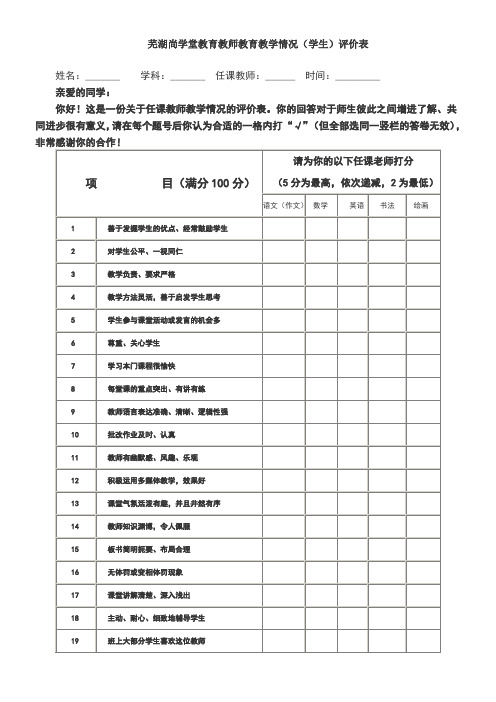 辅导班教育机构教师教学满意度学生评价表家长评价表