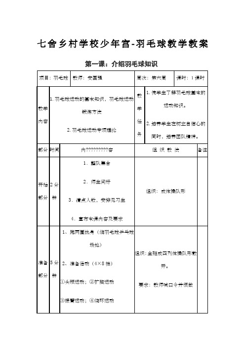 舍乡村学校少年宫羽毛球兴趣小组教学教案