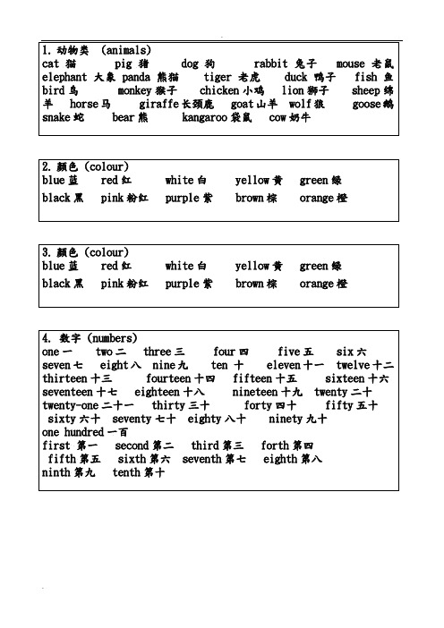 小学英语单词分类卡片