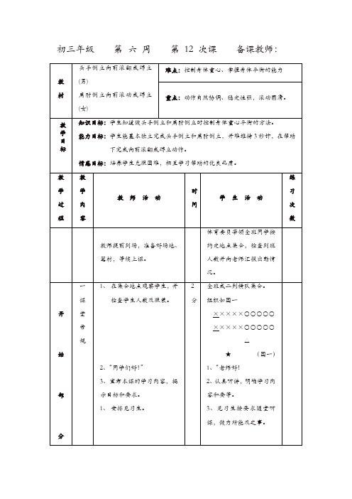 初三体育与健康教案集：头手倒立向前滚翻成蹲立(男)肩肘倒立向前滚动成蹲立(女)