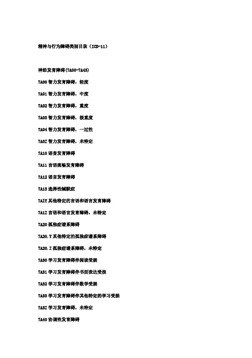 精神与行为障碍类别目录(ICD-11)