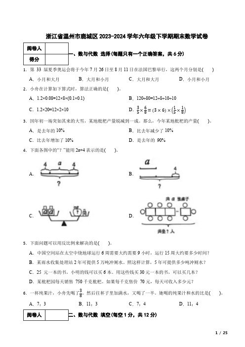 浙江省温州市鹿城区2023-2024学年六年级下学期期末数学试卷 附解析