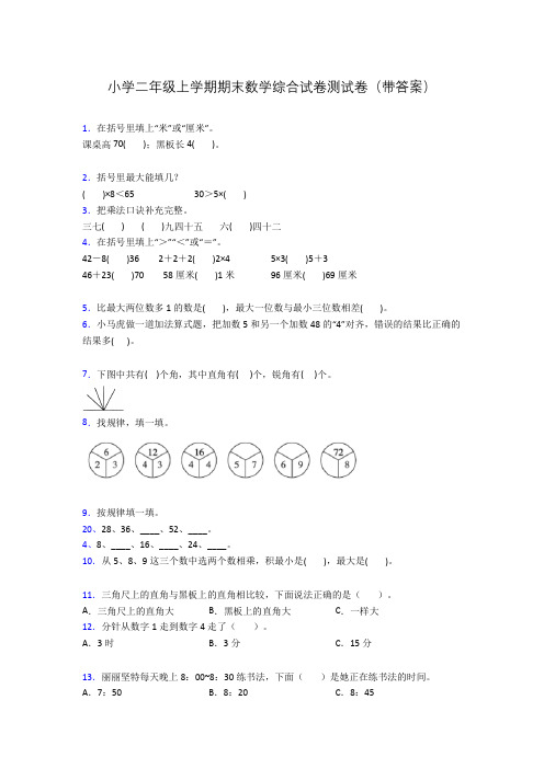 小学二年级上学期期末数学综合试卷测试卷(带答案)