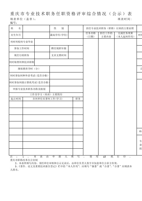 重庆市专业技术职务任职资格评审综合情况(公示)表