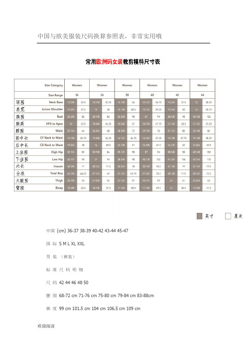 中国与欧美服装尺码换算参照表格模板剖析