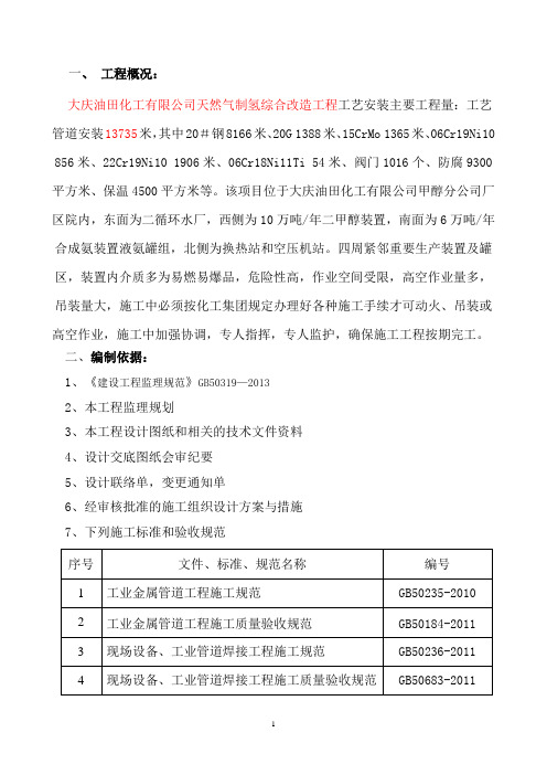 大庆油田化工有限公司公司天然气制氢工艺安装监理实施细则