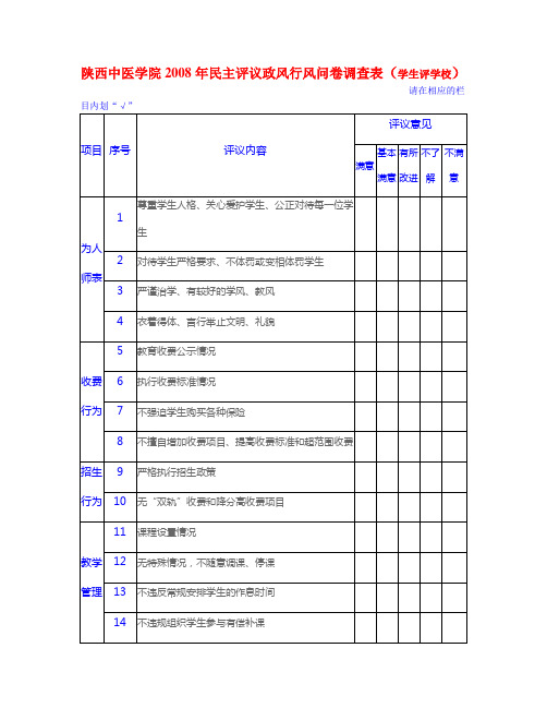 陕西中医学院2008年民主评议政风行风问卷调查表(学生评学校)(精)