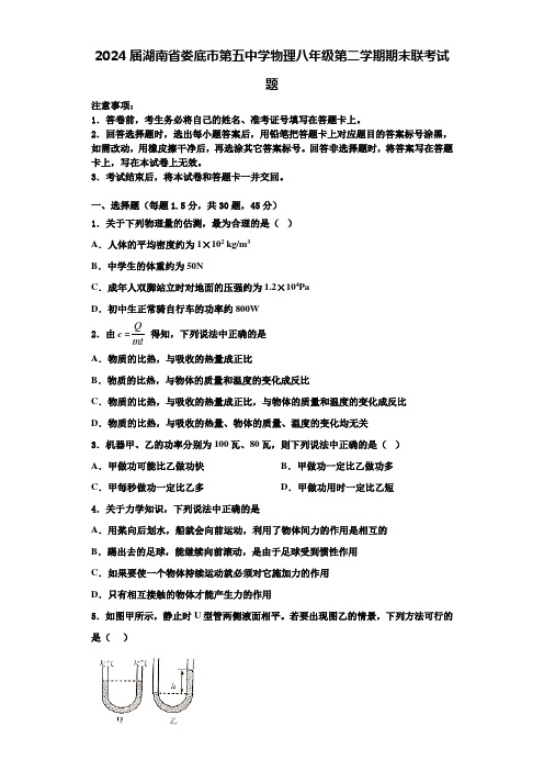 2024届湖南省娄底市第五中学物理八年级第二学期期末联考试题含解析