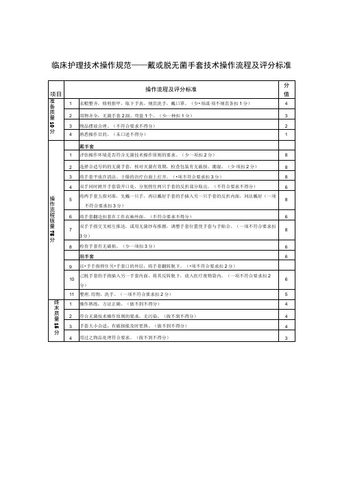 临床护理技术操作规范——戴或脱无菌手套技术操作流程及评分标准