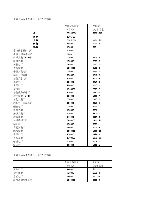 山东省6000上电厂生产情况