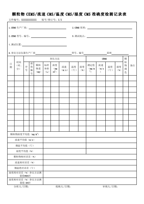 颗粒物CEMS流速CMS温度CMS湿度CMS准确度检测记录表