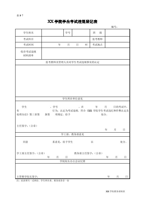 学院学生考试违规登记表