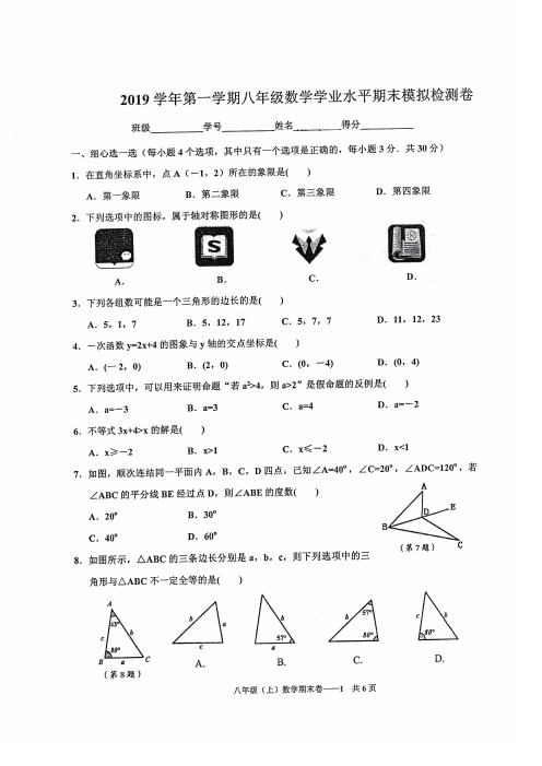 2019学年第一学期八年级数学学业水平期末模拟检测卷