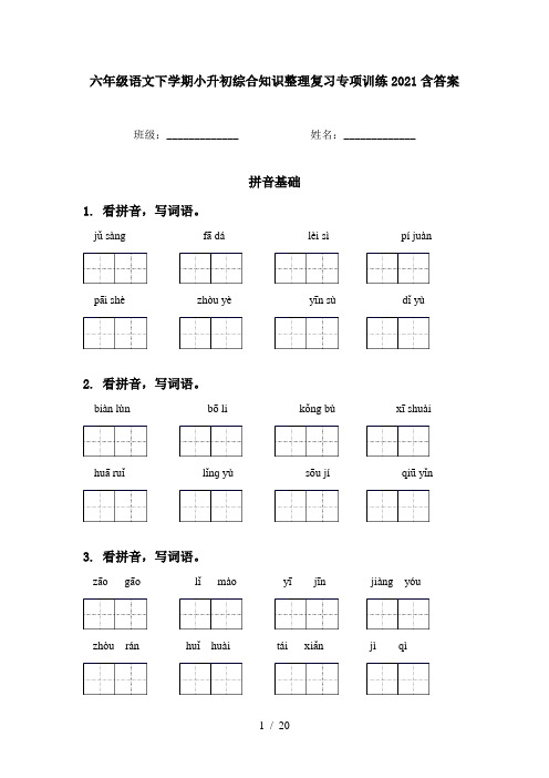 六年级语文下学期小升初综合知识整理复习专项训练2021含答案