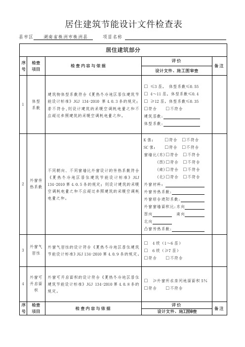 居住建筑节能设计文件检查表