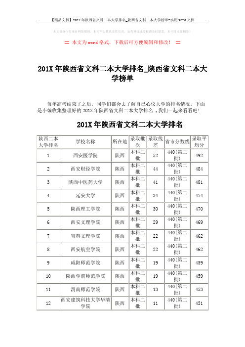 【精品文档】201X年陕西省文科二本大学排名_陕西省文科二本大学榜单-实用word文档 (4页)