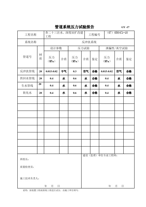 管道系统压力试验报告