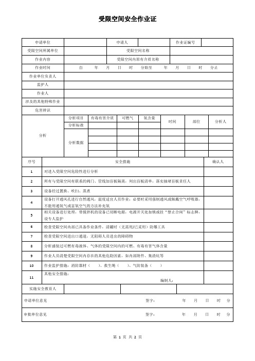 受限空间作业票模板