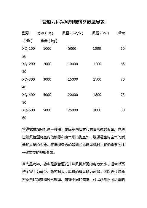 管道式排烟风机规格参数型号表