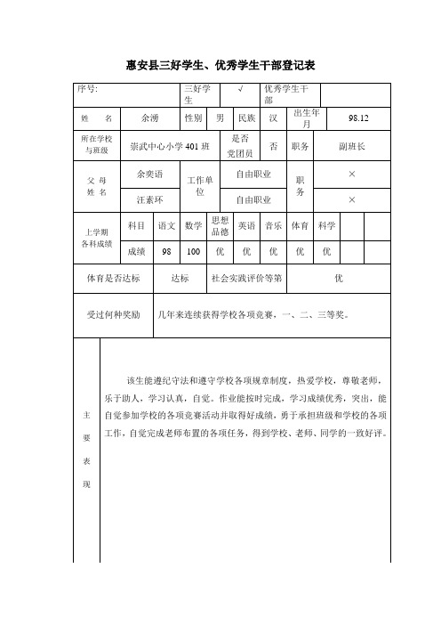 惠安县三好学生、优秀学生干部登记表