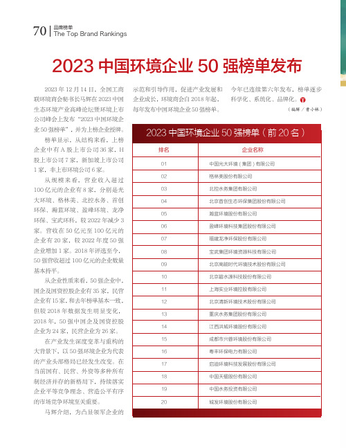 2023中国环境企业50强榜单发布