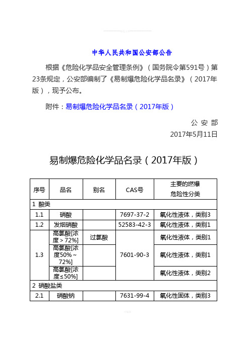 化学目录-----易制爆危险化学品(2017年版)