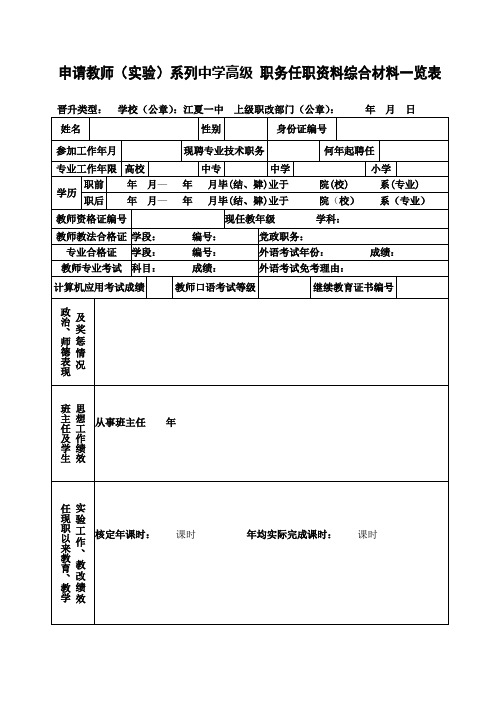 武汉市中学高级教师评审综合材料一览表(空白)