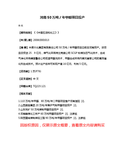 河南50万吨／年甲醇项目投产