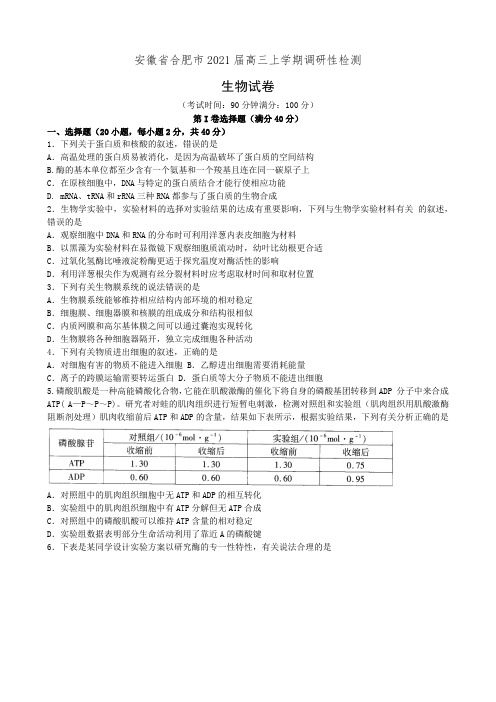 安徽省合肥市2021届高三上学期调研性检测生物试卷(有答案)