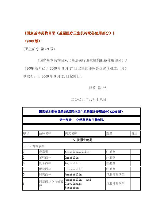 国家基本药物目录(基层医疗卫生机构配备使用部分)09版