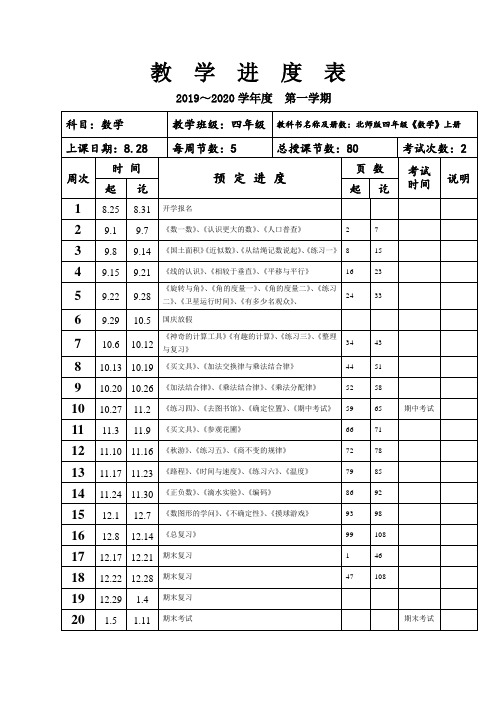 四年级上册 数学 进度计划