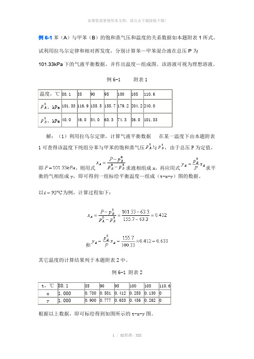 例6-1苯(A)与甲苯(B)的饱和蒸气压和温度的关系数据如本...