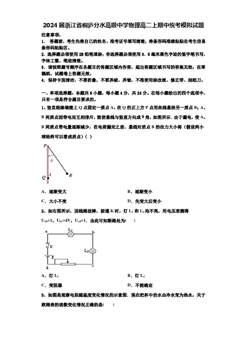 2024届浙江省桐庐分水高级中学物理高二上期中统考模拟试题含解析