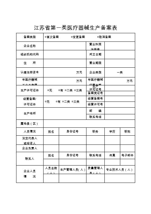 江苏省第一类医疗器械生产备案表