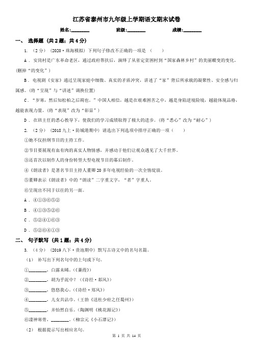 江苏省泰州市九年级上学期语文期末试卷