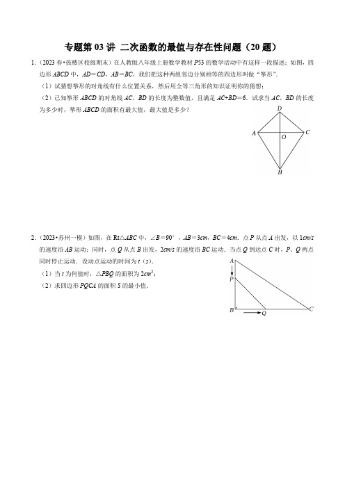 二次函数的最值与存在性问题(20题)(原卷版)