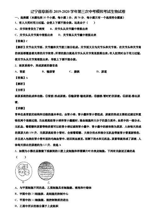 辽宁省阜新市2019-2020学年第三次中考模拟考试生物试卷含解析