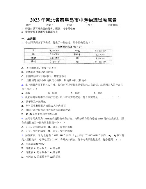 2023年河北省秦皇岛市中考物理试卷原卷附解析