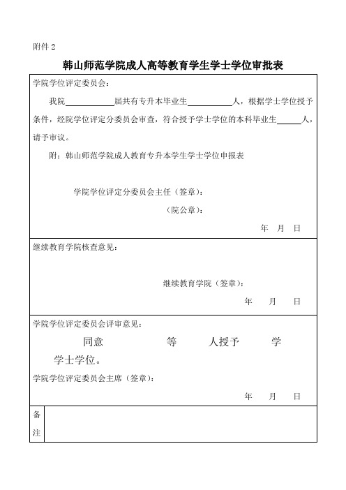 韩山师范学院成人教育学生学士学位审批表