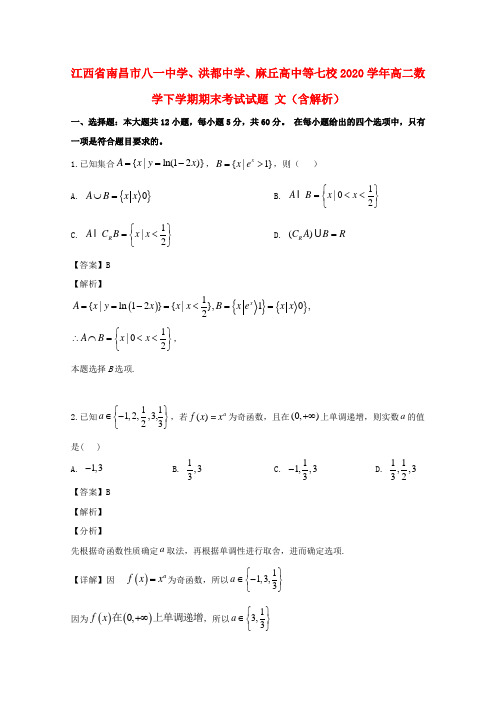 江西省南昌市八一中学、洪都中学、麻丘高中等七校2020学年高二数学下学期期末考试试题 文(含解析)